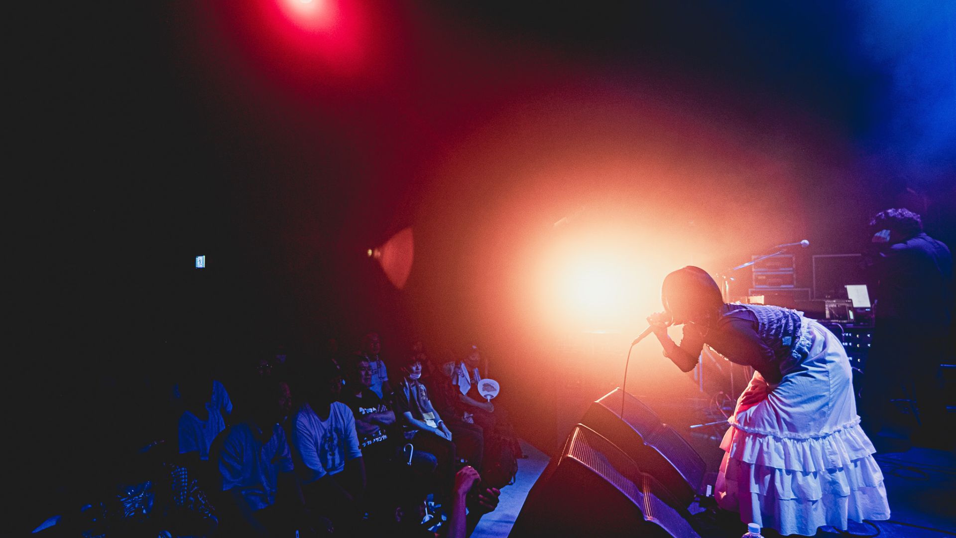 強いライトを浴びながらステージで歌う女性アーティストと、それを見守る観客のライブシーン